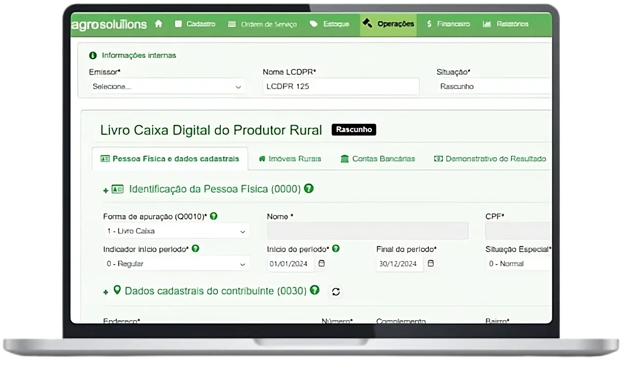 Interface do sistema mostrando o registro LCDPR